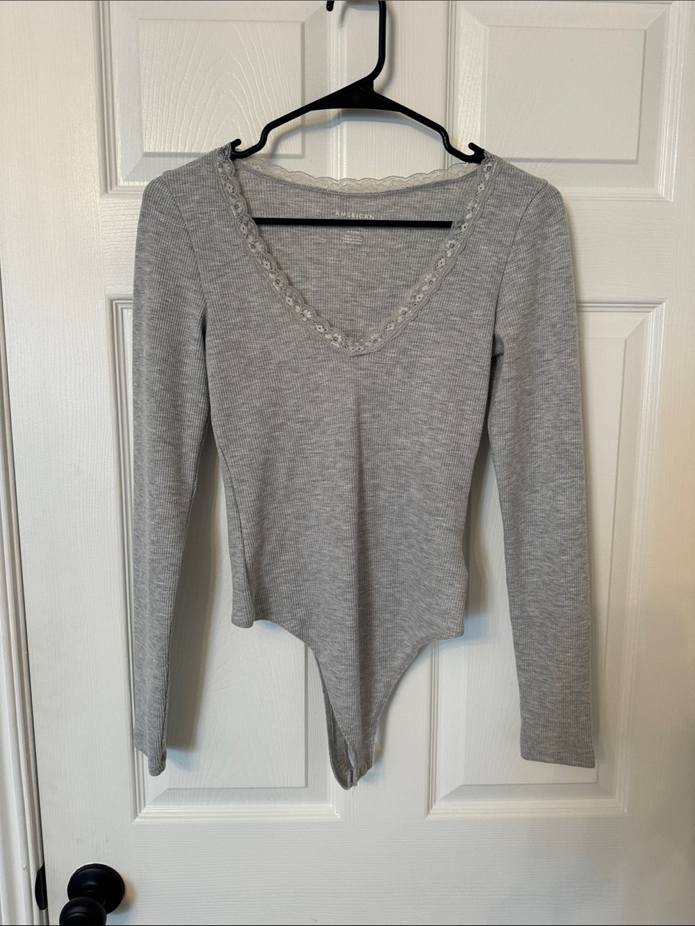 American Eagle  Women's Gray Lace-Trim Ribbed Bodysuit